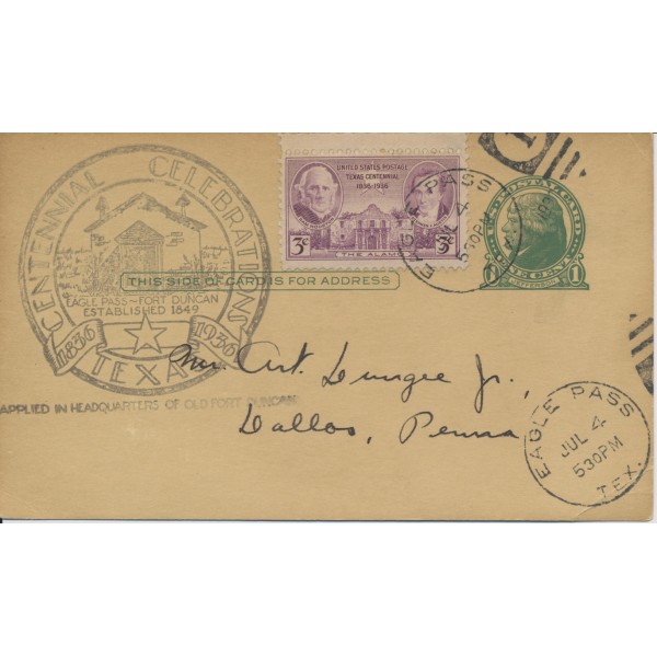  Texas Centennial Celebration Old Fort Duncan cachet on Postal card combo with note about the design Eagle Pass 7/4/1936  BE131