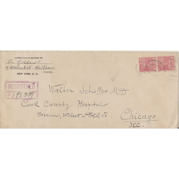 Registered cover (2) Pair 814 9c W.H. Harrison Prexy Boston  to Chicago Illinois oval cancels