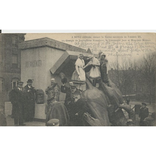 German Postcard torn down statue of Fred III group of Journalist Leut Jean at Monsieur Mirman