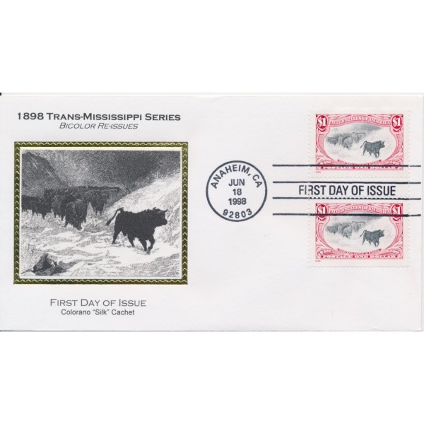#3210 Vertical Gutter Pair $1 Western Cattle in Storm Colorano Silk cachet First Day cover