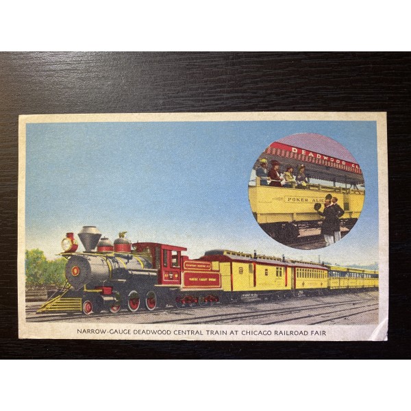 Narrow Gauge Deadwood Central Train at Chicago Railroad Fair 1948 PostcardFair cancel RPO