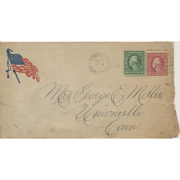 Fitchburg MA Devens Branch Patriotic Flag envelope 1917 1c & 2c Washington combo