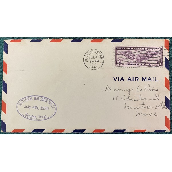 Houston Texas 7/4/1930 National Balloon Race event cover 5c Winged Globe airmail stamp & envelope