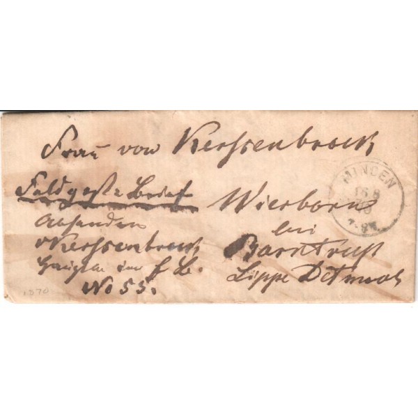 German Military Mail Franco Prussian War 11870 Minden Stampless letter AUSG no 3 backstamp