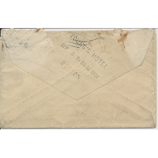 Young’s Hotel Mail Boston Forwarded from Brooklyn NY 1908 Flag cancel 