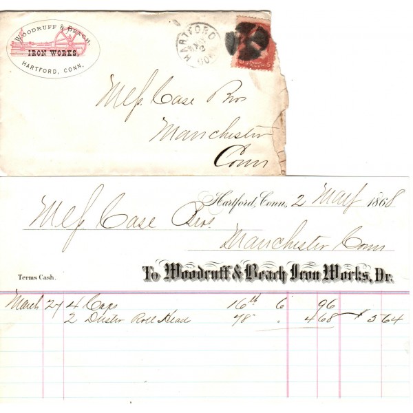 Woodruff & Beach Iron Works Hartford CT Advertising cover Receipt Cover with Propeller type Fancy cancel to Case Bros South Manchester CT