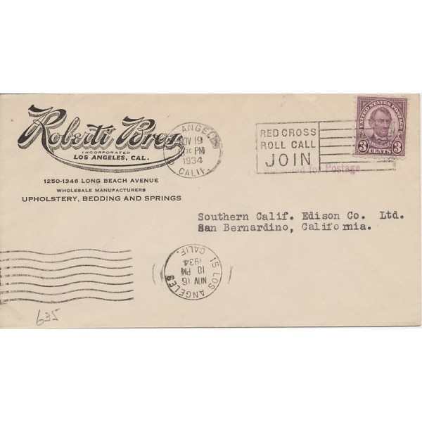 Roberti Bros Los Angeles Advertising w/ Red Cross Roll call returned for postage