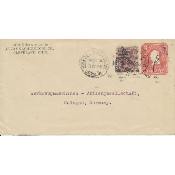 3c Jackson & 2c Washington Postal envelope Cleveland Ohio to Germany