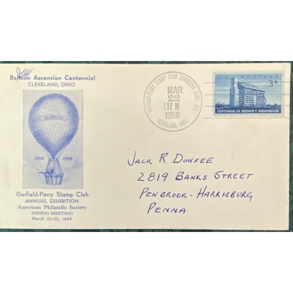 Balloon Ascension Centennial Cleveland Ohio Garfield-Perry Stamp Club event cover 3/22/1958