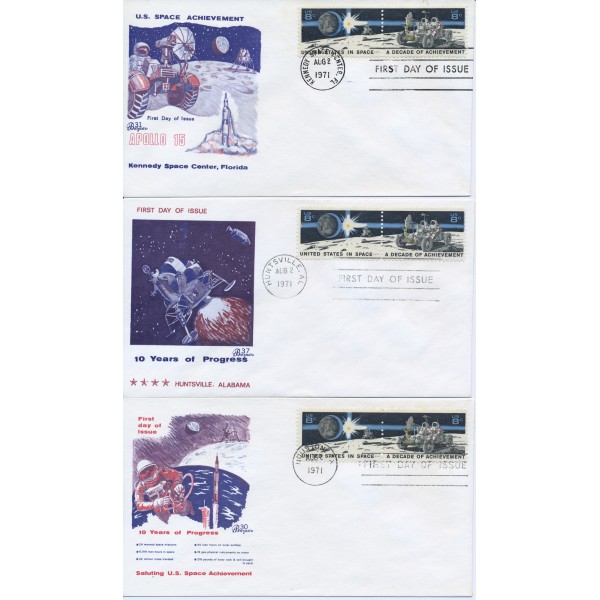 #1434-5 Space Achievement set of 3 Bazaar cachet FIrst Day covers with all three cancels 