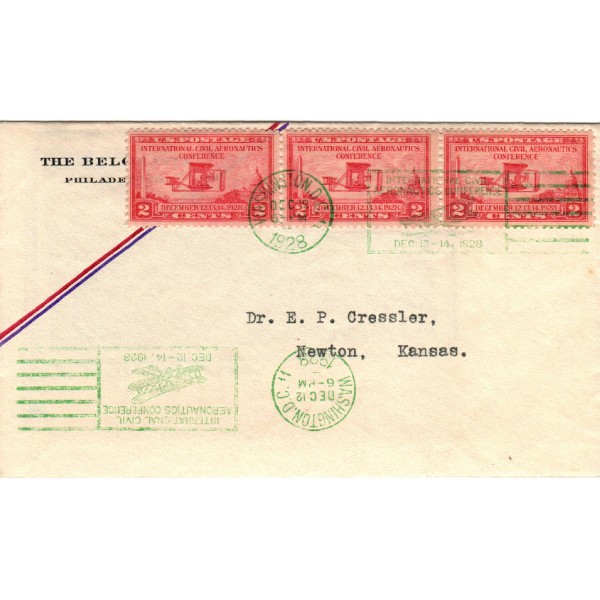 #649 2c strip of 3 Int. Civil Aeronautics Conference The Belgravia Philadelphia corner First Day cover drawn airmail strips