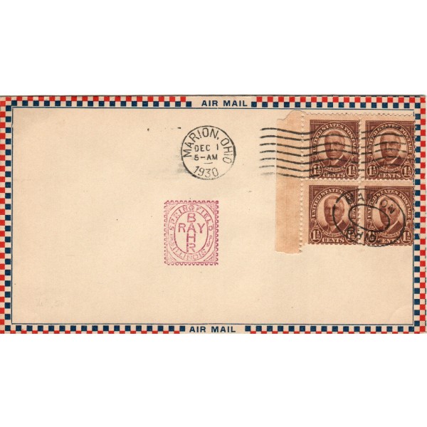 #684 Block of 4 Warren G. Harding 1 1/2c A.C. Roessler airmail envelope First Day cover Ray Bahr Springfield Illinois rubber stamp