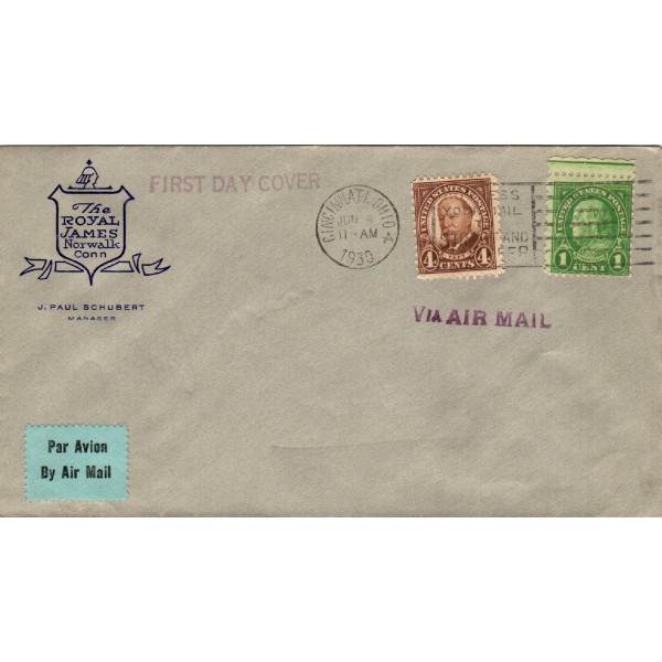 #685 4c & #552 1c WIlliam Howard Taft combo Royal James Norwalk CT corner cachet First Day cover
