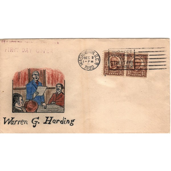 #686 pair 1 1/2c WARREN G. Harding Hand Colored Add on cachet 2nd Day cover DC