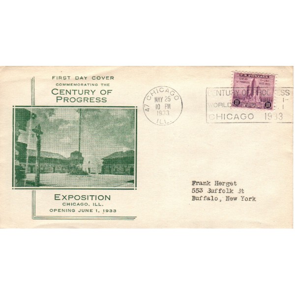 #729 Chicago Century of Progress Green Gill cachet First Day cover