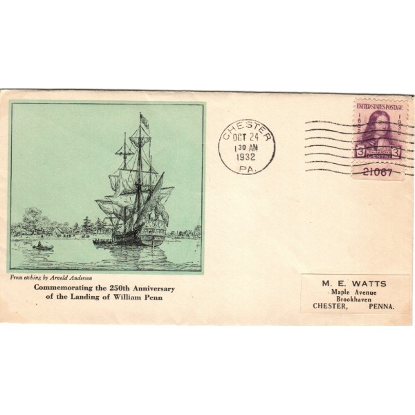 #724 William Penn Baxter cachet First Day cover with C of C Rubber stamp back