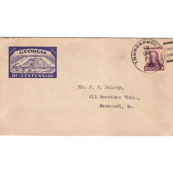 #726 General Oglethorpe Unknown cachet unofficial Thunderbolt Georgia cancel 2nd Day Cover or first day for that post office