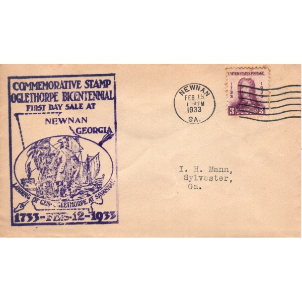 #726 General Oglethorpe Rubber Stamp cachet unofficial Newnan Georgia cancel First Day of sale actual 2nd day cancel