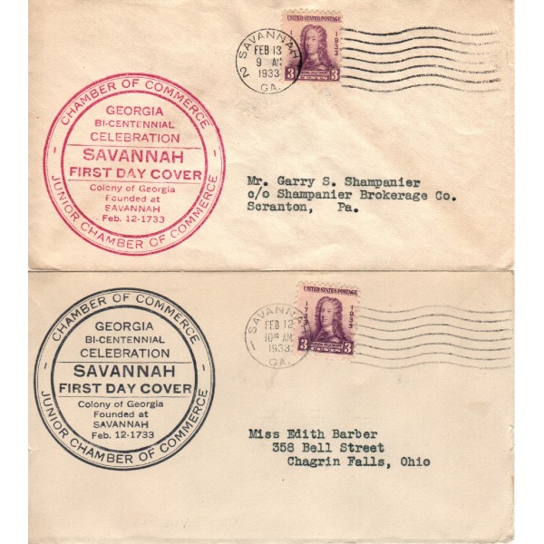 #726 General Oglethorpe set of 2 Rubber Stamp C of C cachet First & 2nd Day covers Savannah GA cancels with labels on back