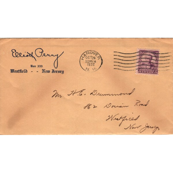 #725 Daniel Webster Elliot Perry Westfield NJ corner First Day cover with quick note from EP at Dartmouth college