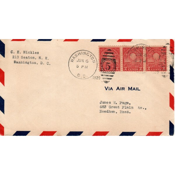 #654 Electric Lights Jubilee Thomas Edison American C.E. Nickles corner 2nd Day cover Washington DC via airmail strip of 3 stamps