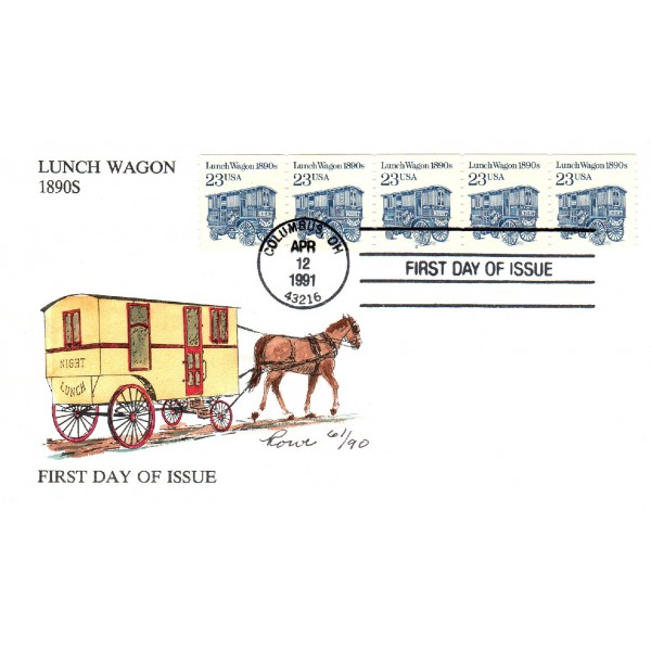 #2464 PNC#2 strip of 5 Lunch Wagon Hand Painted Rowe cachet First Day cover only 90 made