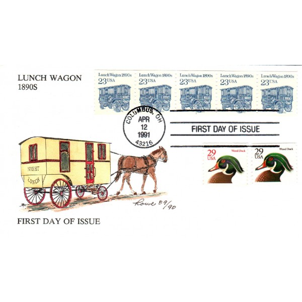 #2464 PNC#3 strip of 5 Lunch Wagon Wood Duck combo Hand Painted Rowe cachet First Day cover only 90 made