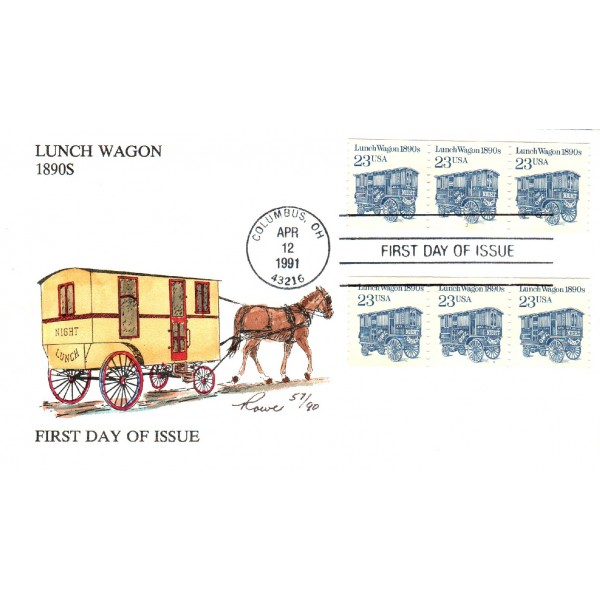 #2464& #2464a PNC#3 strips of 3 Lunch Wagon Hand Painted Rowe cachet First Day cover only 90 made