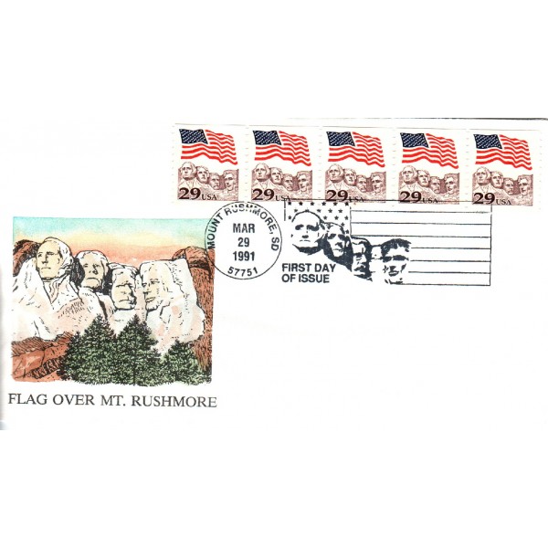 #2523 PNC#4 strips of 5 Flag over Mount Rushmore Hand Painted Rowe cachet First Day cover only 30 made
