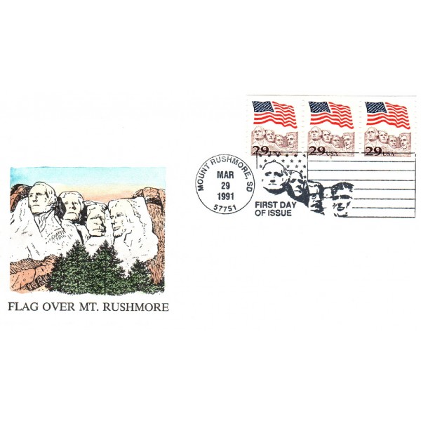#2523 PNC#2 strips of 3 Flag over Mount Rushmore Hand Painted Rowe cachet First Day cover only 30 made