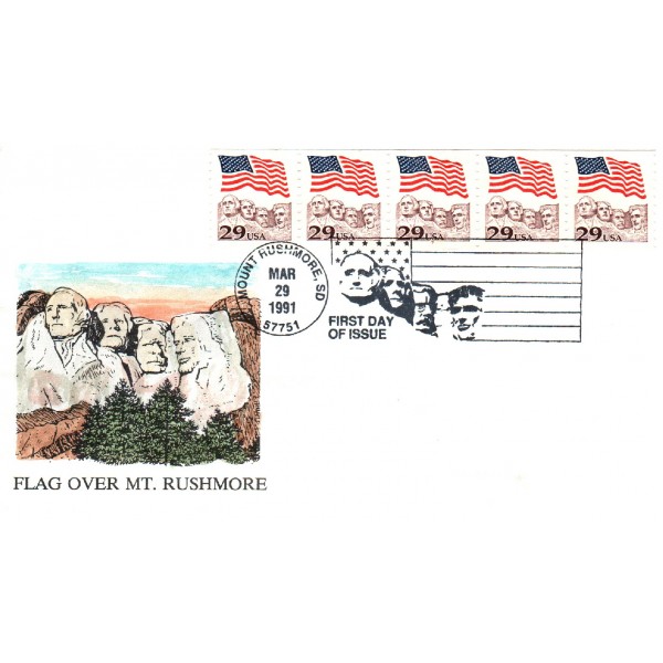 #2523 PNC#7 strips of 5 Flag over Mount Rushmore Hand Painted Rowe cachet First Day cover only 30 made