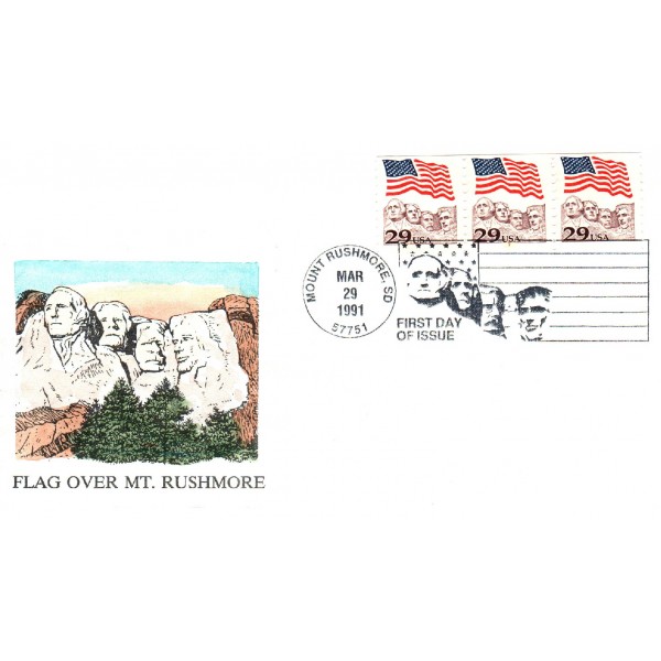 #2523 PNC#7 strips of 3 Flag over Mount Rushmore Hand Painted Rowe cachet First Day cover only 30 made