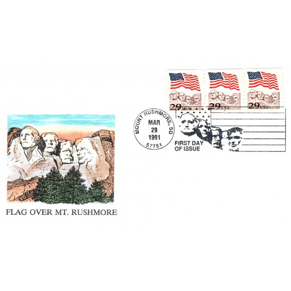 #2523 PNC#3 strips of 3 Flag over Mount Rushmore Hand Painted Rowe cachet First Day cover only 30 made