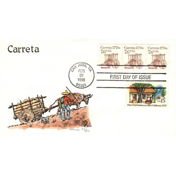#2255 PNC#1 Strip of 3 combo Carrera 1770's Hand Painted Rowe cachet First Day cover only 80 made