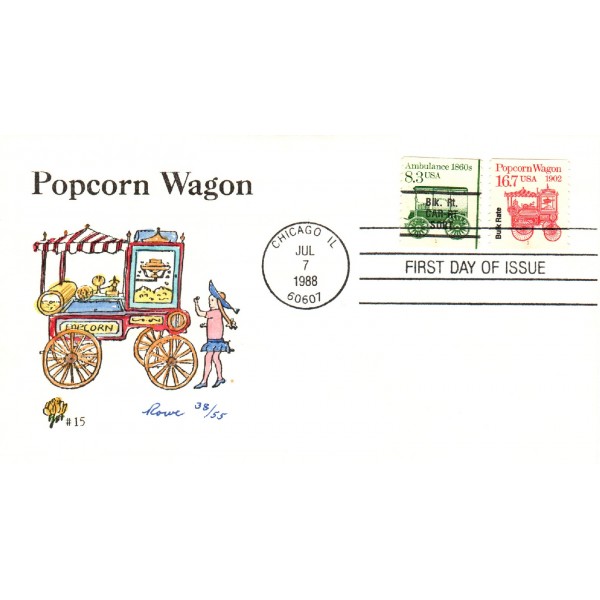 #2261 PNC#1 & 1 Popcorn Wagon combo Hand Painted Rowe cachet First Day cover only 55 made