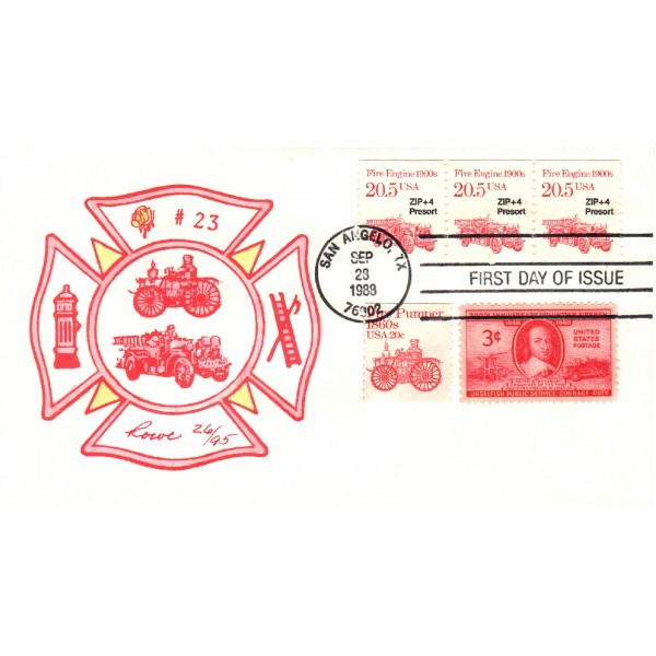 #2264 & #908 & #971 PNC#1 Fire Engine 1900's combo Hand Painted Rowe cachet First Day cover only 95 made