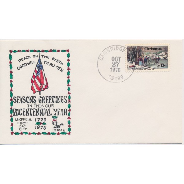 #1702 Christmas 13c lot of 4 Hand Colored SAM6 cachet First Day covers with unofficial cancels