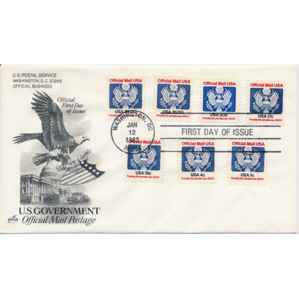 #0127-135 1c-$5 Official mail lot of 7 combo First Day covers