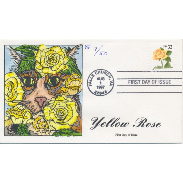 #3054 32c Yellow Rose  Hand Painted NF cachet First Day cover 50 made Cat design