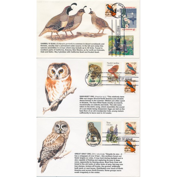 #3031 American Kestrel lot of 3  combo Owl & Quail Unknown First Day covers