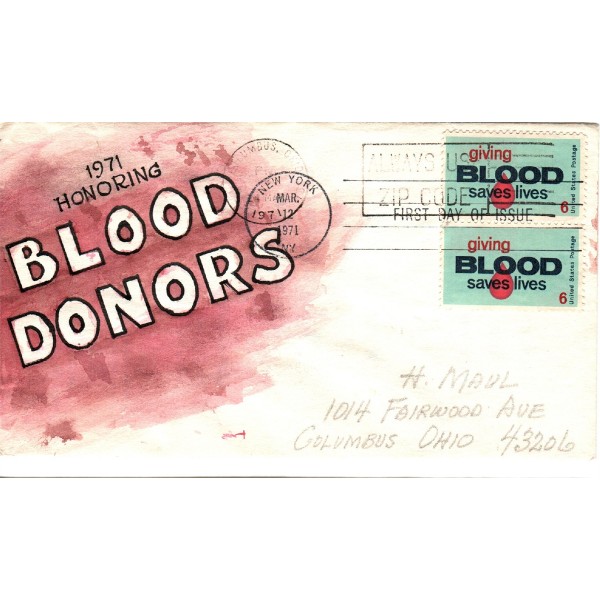 #1425 Blood Donors Hand Painted Herman Maul cachet First day cover
