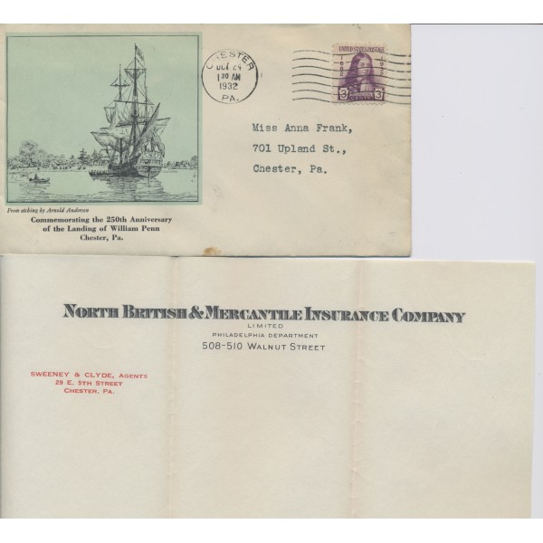 #724 William Penn Baxter cachet First Day cover enclosure North British & Mercantile Insurance Company letterhead open right side