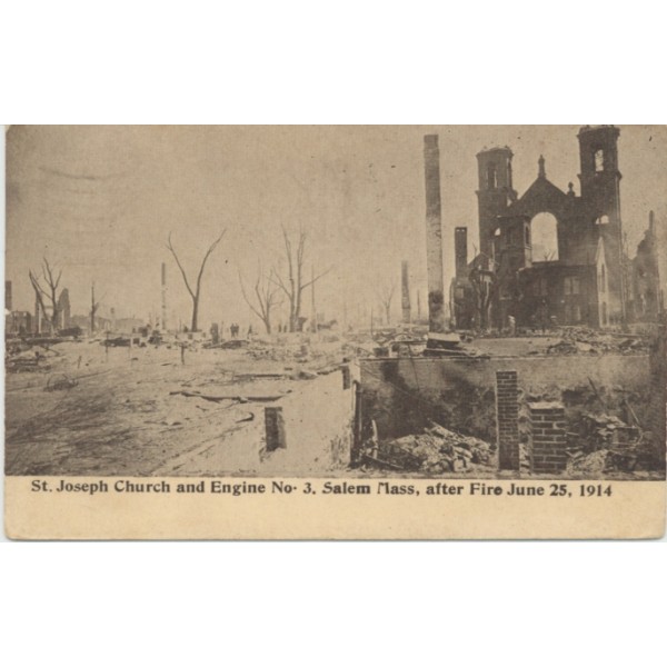 Postcard St. Joseph Church & Engine No. 3 Salem MA after Fire 1914