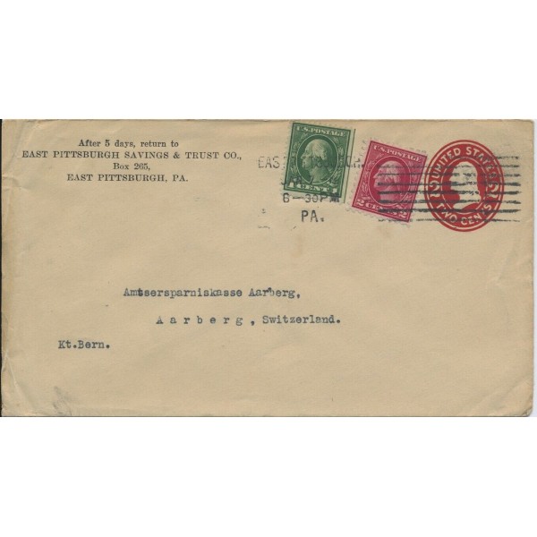 #U411 & 405&425 combo East Pittsburgh PA to Switzerland postal envelope