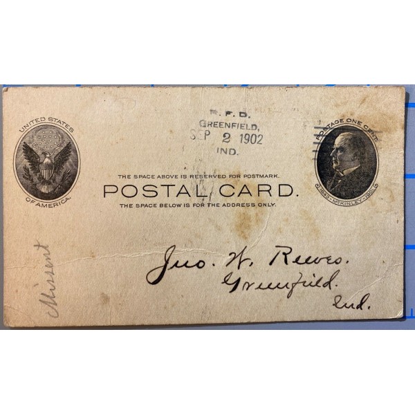 Greenfield Indiana RFD 9/2/1902 cancel on postal card Farmers Insurance Secretar