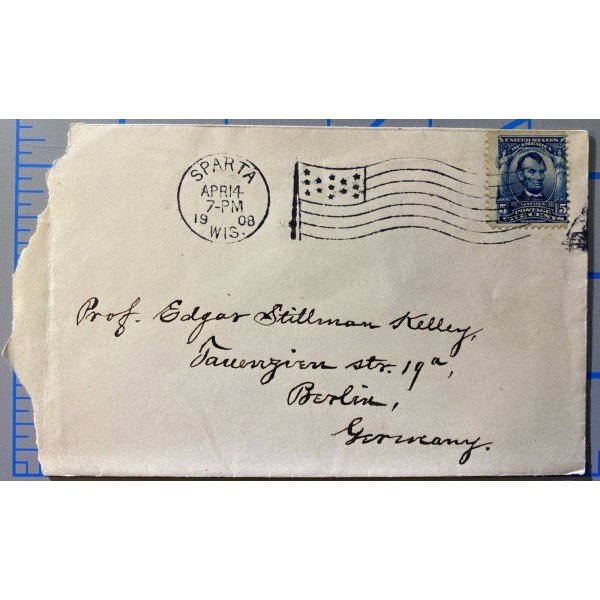 1908 Sparta Wisconsin Flag cancel 5c Abe Lincoln on cover to Germany 