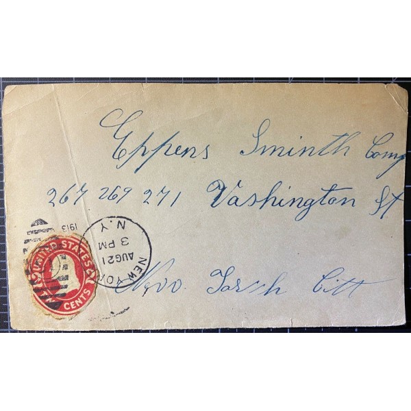 1913 2c Postal stationary glued to envelope Front only