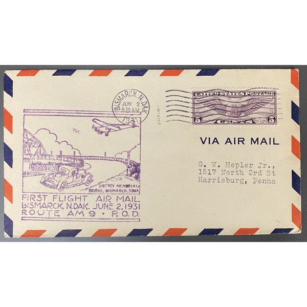 First Flight Air Mail route AM9 POD Bismarck North Dakota 1931 8c Winged Globe