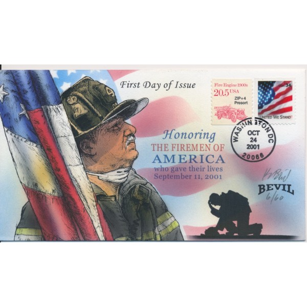 #3549 United We Stand Honoring Firemen 9/11 Painted Bevil cachet Variety 60 made