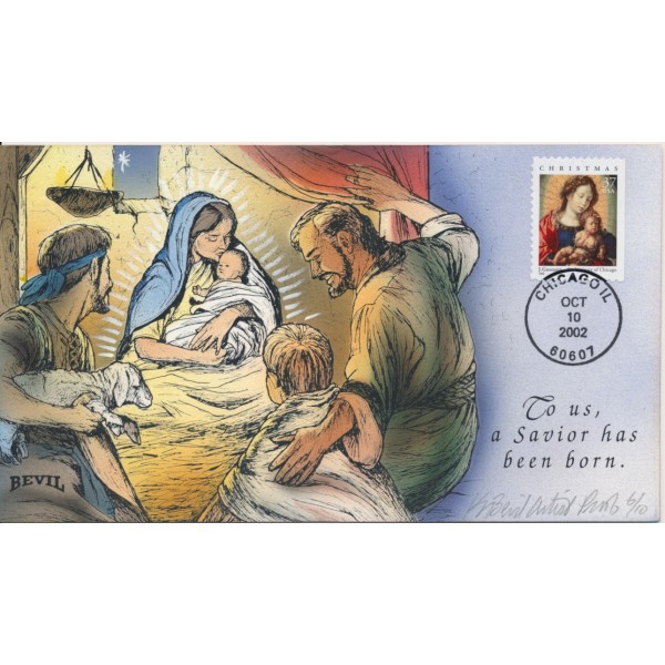 #3675 37c Christmas 2002 Hand Painted Bevil cachet Artist Proof 10 made